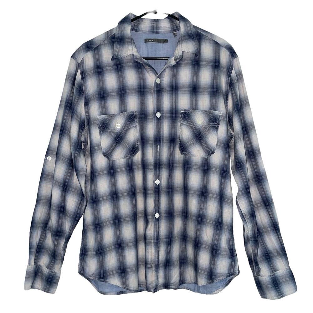 Vince Blue Plaid Double Breasted Pocket Button Front Shirt Large